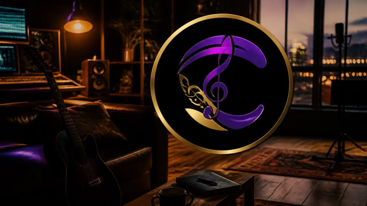 Warmly lit music studio with a guitar and Tracygirl emblem